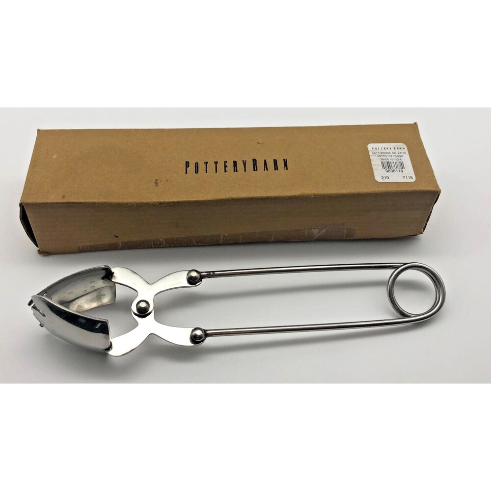 Pottery Barn Aston Ice Tongs Silver Bar Tool Barware w/Box